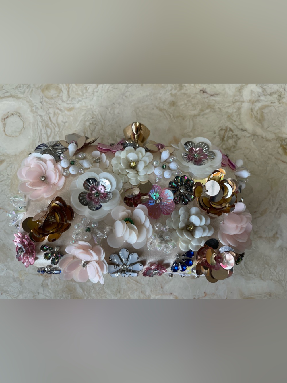 Embellished Floral Jewel Beaded Clutch or Crossbody Clamshell Bag